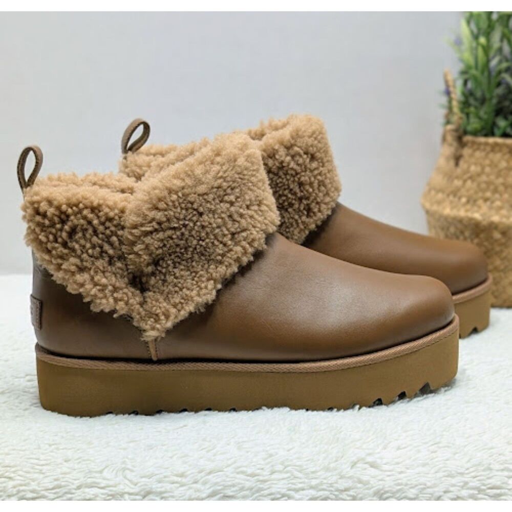 UGG Chestnut Ultra Mini Alina Curled Genuine Shearling Platform Boots W10 *NEW* - Picture 4 of 12